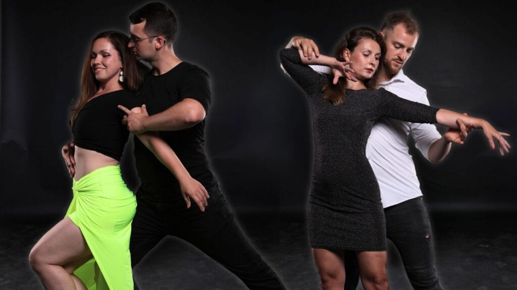 Dva páry lektorů z DanceDifferent tančí tanec Bachata praha na černém pozadí.