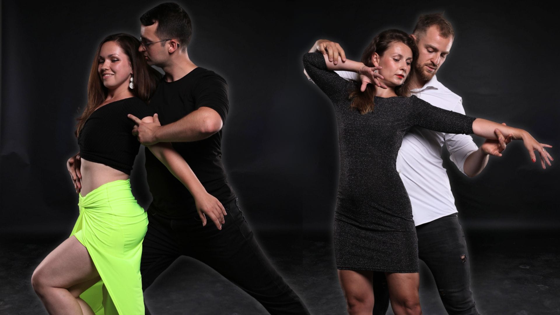 Dva páry lektorů z DanceDifferent tančí tanec Bachata praha na černém pozadí.