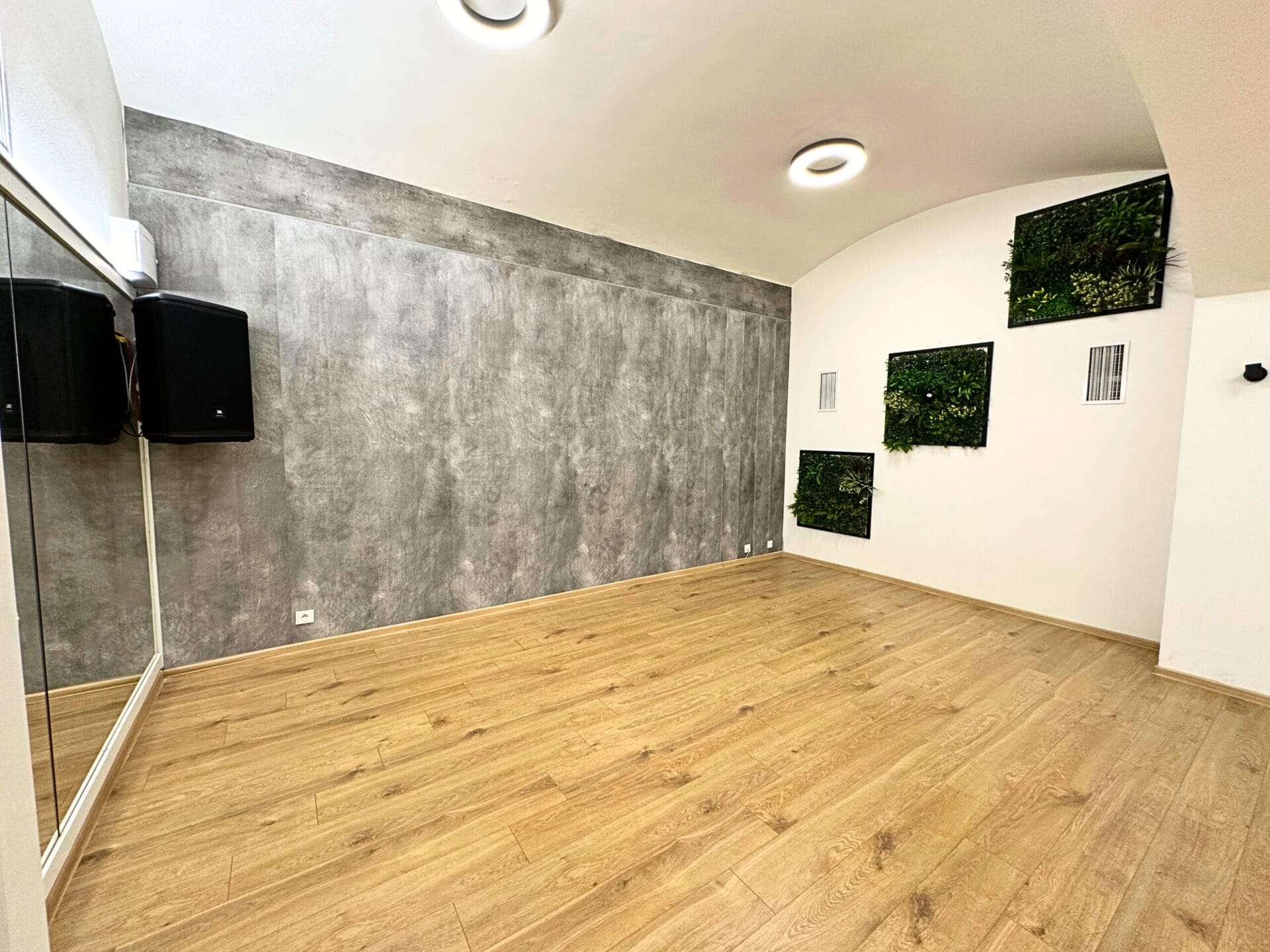 Pronájem moderního tanečního sálu s dekoracemi a zvukovým systémem Prázdný sál s moderními detaily, zvukovým systémem a zelenou dekorací na stěnách.